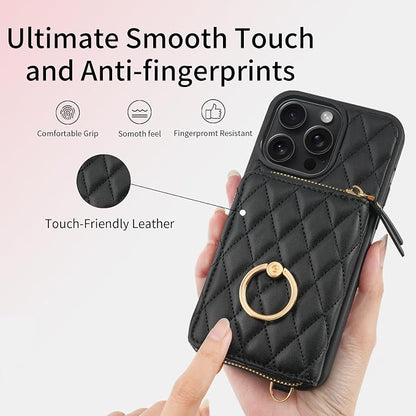 ZVE Compatible with iPhone 15 Pro Wallet Case for Women, PU Leather Shockproof Crossbody Phone Case with Card Holder for iPhone 15 Pro 6.1 Inch-Black