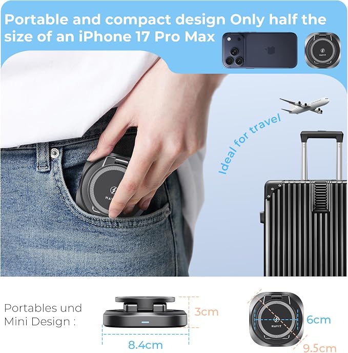 havit MagSafe 3 in 1 Wireless Charging Station, Foldable Travel Charger for iPhone 17/16/15/14/13/12, Apple Watch & AirPods, 15W Fast Magnetic Charger Stand with 360° Rotating, Portable Charger