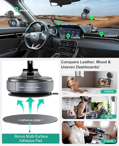 2026 Upgraded Vacuum Magnetic Car Phone Holder with 3 Rings 360° Ultra Suction Cup Phone Mount for MagSafe Cell Phone Holders for Your Car/Gym/Mirror Mount for iPhone & Android