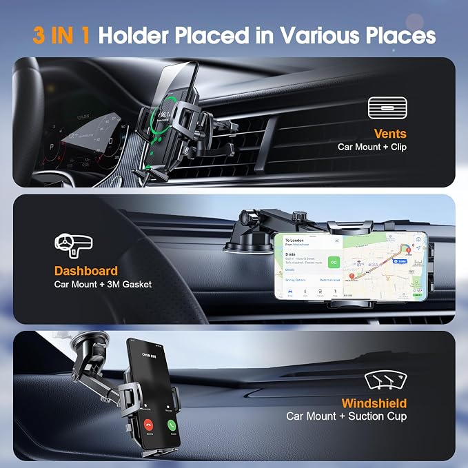 Upgraded 3-in-1 Car Phone Holder Mount [Powerful Suction] Phone Mount for Car Dashboard Air Vent Windshield,for All iPhone Android Phone, Charcoal Black