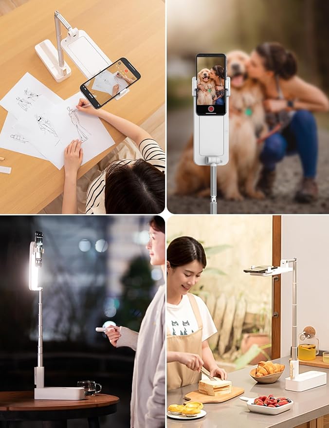 Overhead Phone Stand for Recording,Overhead Phone Mount, Foldable/Extendable/Rechargeable Phone Stand with Light&Wireless Remote, for Photo/Vlog Kit/Tiktok/Unboxing Video,Cooking.v10