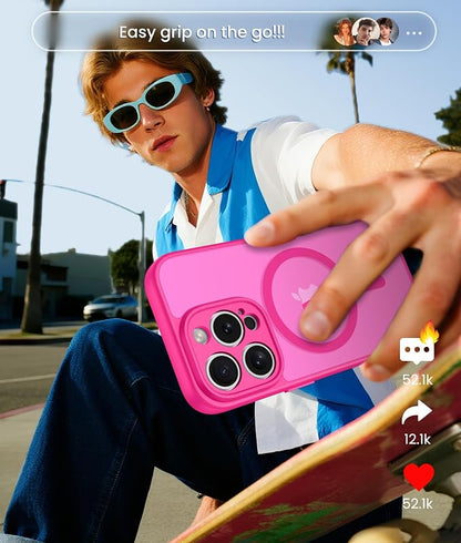 FNTCASE for iPhone 15 Pro Case: [Compatible with Magsafe] Translucent Matte Cases with [Full Camera Protection] [Screen Protector] Military Grade Shockproof Protective Phone Cover - Hot Pink