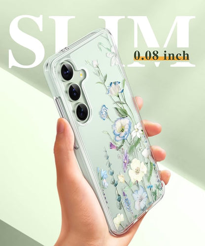 GVIEWIN for Samsung Galaxy S25 Case, Clear Floral Slim Shockproof Protective Women Phone Case, Non-Yellowing, with Screen Protector & Camera Lens Protector for Galaxy S25 6.2", Aquilegia/White