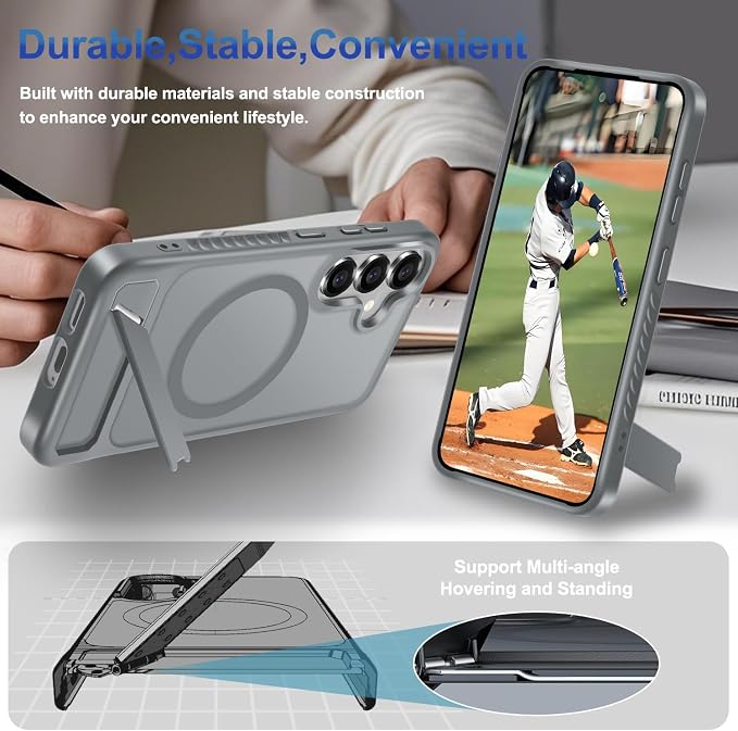 RMOCR for Samsung Galaxy S25 Case with Screen Protector+Lanyard Wrist Strap,Magnetic Translucent Matte Rugged Slim Phone Cover Built in Invisible Kickstand [Fit for MagSafe],2025 Grey