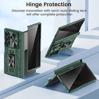 VEGO for Samsung Galaxy Z Fold 7 Case with Privacy Screen Protector,Green | Full-Body Case with Hinge Protection & Slide Lens Cover&Rotat Ring Stand Shockproof Hard Phone Case for Galaxy Z Fold7