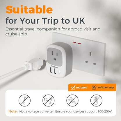 TESSAN US to UK Plug Adapter, Type‑G Adaptor 3‑Pack | 3 USB Ports (1 USB‑C), for Ireland Scotland Dubai Hong Kong Kenya London England