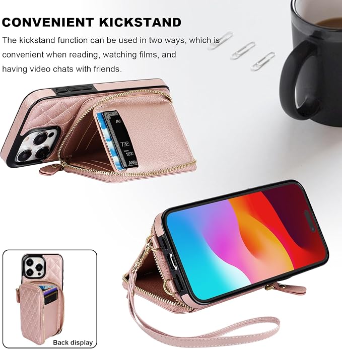 Bocasal Crossbody Wallet Case for iPhone 15 Pro Max, RFID Blocking PU Leather Zipper Handbag Purse Flip Cover, Kickstand Folio Case with Card Slots Holder Wrist Strap Lanyard 5G 6.7 Inch (Rose Gold)