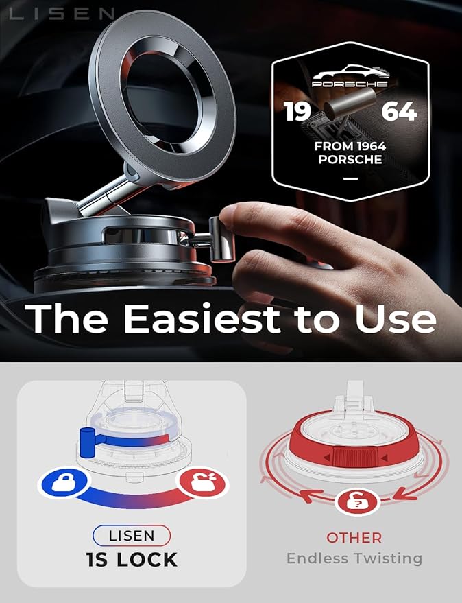 LISEN for Magsafe Car Mount, Phone Holders for Your Car, Magnetic Car Accessories for Women Men Truck Jeep BMW, Vacuum Gifts for Mother Day for iPhone 17 Pro Max 16 15 14 13 12, Samsung S26, Black