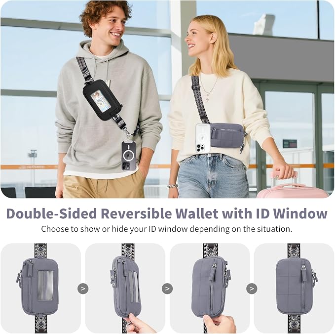 Tiostep Clip and Go Strap for Phone with Wallet Crossbody Phone Lanyard with Anti-Theft Zipper Pouch Detachable Quilted Wrist Wallet with RFID and ID Window for Daily Travel. Grey