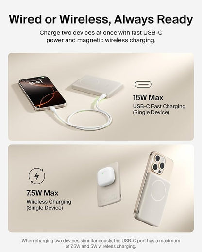 Belkin MagSafe Power Bank 5,000mAh, Ultra-Slim Portable Charger Magnetic Back Supports MagSafe Accessories On-The-Go, Wireless Battery Pack w/USB C Cable for iPhone 17, Pixel 10, Travel - Sand