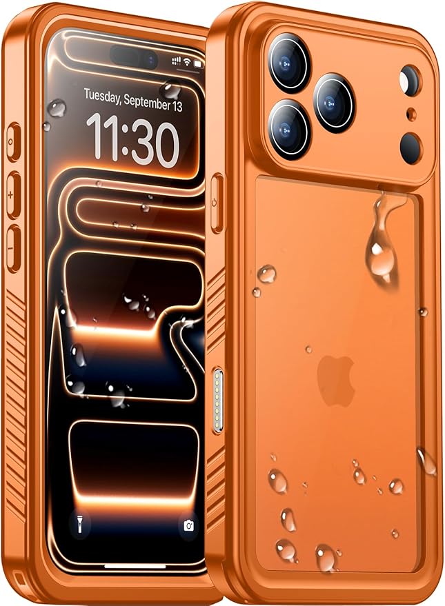 Temdan Compatible with iPhone 17 Pro Case,Waterproof Built-in Screen & Camera Protector IP68 Underwater Full Body 17FT Military Dropproof Shockproof Phone Case 6.3"-Orange/Clear