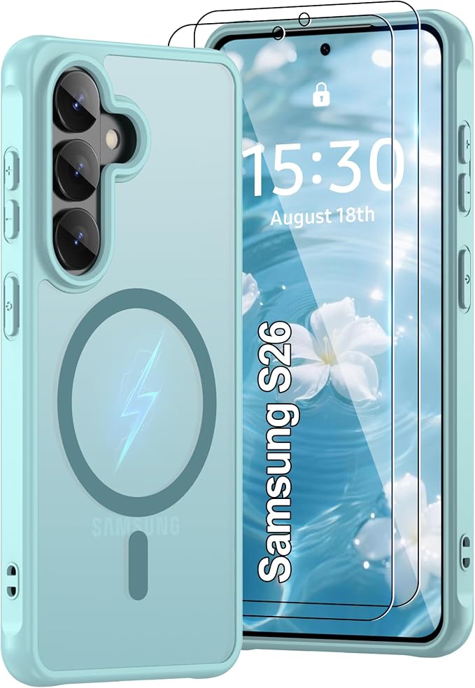 for Samsung Galaxy S26 Phone Case: Samsung S26 Case [Mag-Safe Fit] with 2PC HD Screen Protector,Frosted Translucent S26 Case Soft-Touch Skin Protection for Galaxy S26 Cover,Mint Greenn