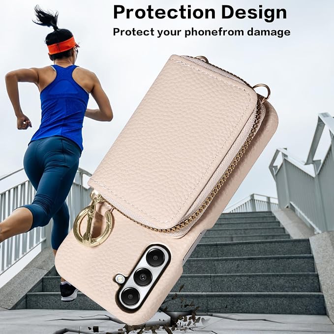 Wallet Case for Samsung Galaxy A24 4G/5G with Shoulder Strap Ring Buckle PU Leather Zipper Flip Organ Purse, Credit Card Holder Stand Full Body Cell Phone Cover for A 24 24A Lte Women Men White