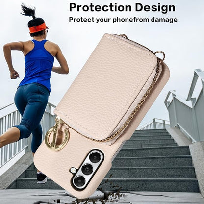Wallet Case for Samsung Galaxy A34 5G with Shoulder Strap Ring Buckle, Luxury PU Leather Zipper Flip Organ Purse Credit Card Holder Stand Full Body Cell Phone Cover for A 34 34A Women Men White