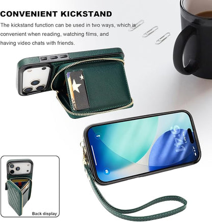 Bocasal Crossbody Wallet Case for iPhone 17 Pro Max, RFID Blocking PU Leather Zipper Handbag Purse Flip Cover, Kickstand Folio Case with Card Slots Holder Wrist Strap Lanyard 5G 6.9 Inch (Dark Green)