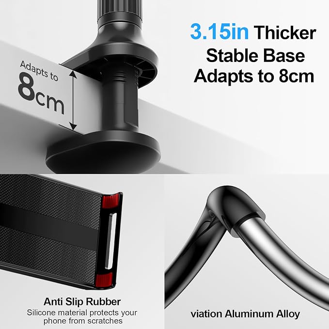 Gooseneck Phone Holder-Cell Phone iPad Stand with 39inch Flexible Long Lazy Arm, 360° Adjustable, Clamp Mount Stand for Desk, Bed, Office, Kitchen-for iPhone, All 4‘’-11" Smartphone and Tablets