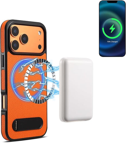 Magnetic Case for iPhone 17 Pro/17 Pro Max, Slim Lychee Pattern Leather Cover with Metal Kickstand Wireless Charging Phone Case,17pro,Orange