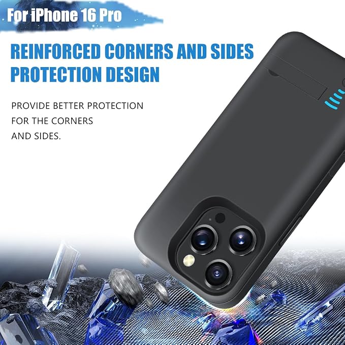 Sitong Battery Case for iPhone 16 Pro, 5000mAh Rechargeable Extended Battery Charging/Charger Case, Add 100% Extra Juice (6.3 Inches) Black