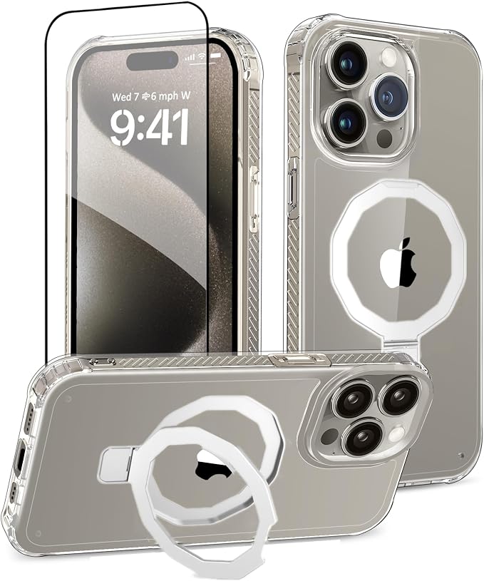 for iPhone 15 Pro Case, with Screen Protector + Camera Lens Protector, Built-in Seamless Stand, [Compatible with MagSafe] Protective Shockproof Phone Case, Cover iPhone 15 Pro - Clear