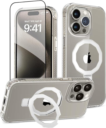 for iPhone 15 Pro Case, with Screen Protector + Camera Lens Protector, Built-in Seamless Stand, [Compatible with MagSafe] Protective Shockproof Phone Case, Cover iPhone 15 Pro - Clear