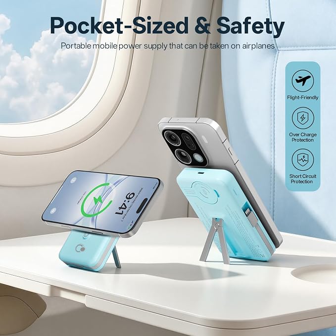 Q Magnetic Wireless Portable Charger 10,000mAh, Travel Essentials Power Bank with Built-in Cables & Foldable Stand, External Battery Pack Compatible with iPhone 17/16/15/14/13/12, Apple Watch
