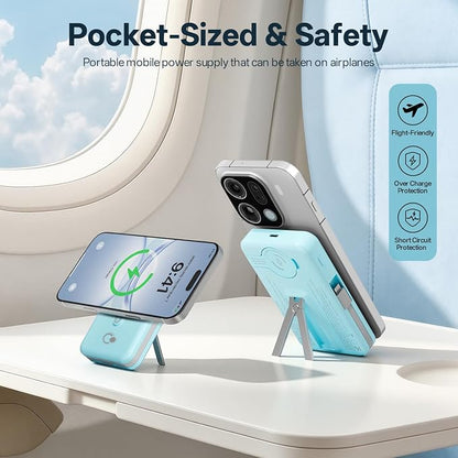 Q Magnetic Wireless Portable Charger 10,000mAh, Travel Essentials Power Bank with Built-in Cables & Foldable Stand, External Battery Pack Compatible with iPhone 17/16/15/14/13/12, Apple Watch