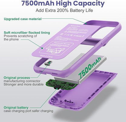 Feob Battery Case for iPhone 15Pro (6.1Inch), Real 7500mAh Ultra Slim Portable & 15W Fast Charging, Rechargeable Protective Extended Charger Case Cover Only for iPhone 15Pro Charging Case-Purple