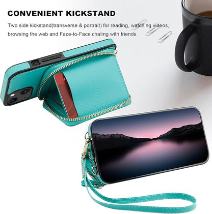 Bocasal RFID Blocking Wallet Case for iPhone 14 iPhone 13, Adjustable Crossbody Zipper Purse Case Card Holder with Kickstand Detachable Wrist Strap, PU Leather Flip Folio Case 6.1 Inch 5G (Mint Green)