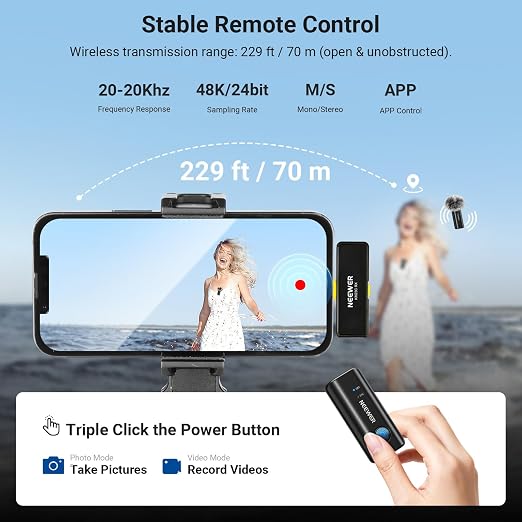 NEEWER KM23C Wireless Lavalier Microphone Compatible with iPhone Android Tablet PC Laptop, Omnidirectional 48K/24Bit 20-20KHZ AI Noise Cancellation Mute 70m Range 32h Total Battery (1x RX + 4X TX)