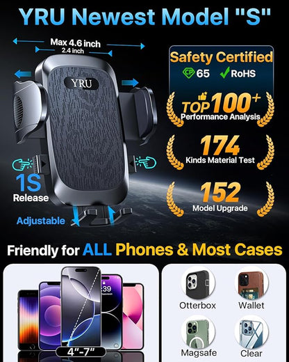 YRU [2026 Ultimate Car Phone Holder Mount [Bendable & Adjustable Aluminum Arm] Cell Phone Holder for Car Dashboard Windshield Phone Stand for iPhone 17 16 15 14 Pro Max Samsung Pickup Truck, Black