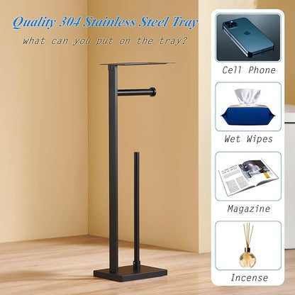 Freestanding Toilet Paper Holder Stand – Stainless Steel Bathroom Tissue Holder with Storage Tray & Roll Organizer, Square Design (Matte Black)