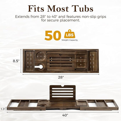 Fun Memories Teak Bathtub Tray for Tub – Adjustable Bath Caddy with Wine Glass Holder, Phone Dock & Book Stand – Solid Bath Tub Tray Wood – Dark Walnut Finish