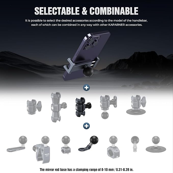 Motorcycle Phone Clip Kit, for 8-10mm Screw/Mirror Install, Anti-Theft Double Socket Arm/25mm Ball Top and Base, Suitable for Width of 2.56-3.74" Phone (KPS-04)
