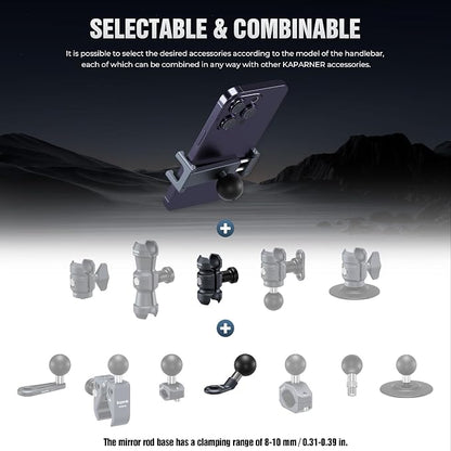 Motorcycle Phone Clip Kit, for 8-10mm Screw/Mirror Install, Anti-Theft Double Socket Arm/25mm Ball Top and Base, Suitable for Width of 2.56-3.74" Phone (KPS-04)
