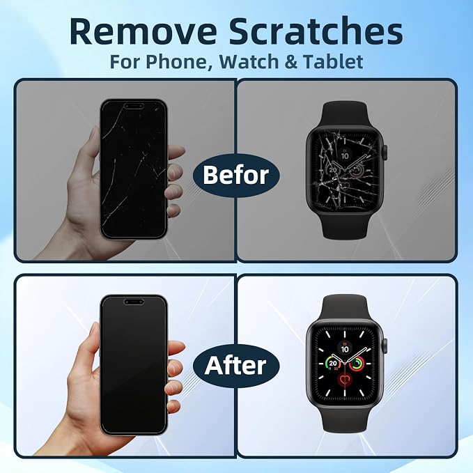 Scratch Remover Kit for Phone Screens, Watches & Tablets – Safe Touch-Friendly Screen Scratch Repair with 3 Diamond Polishing Compounds, 6 Polishing Cloths & 3 Cleaning Wipes