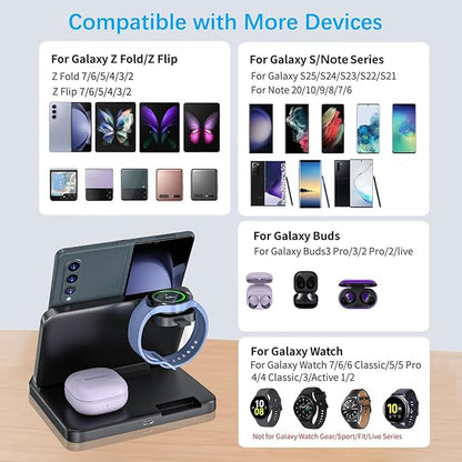 for Samsung Galaxy Z Fold 7 6 5 4 Wireless Charger Station, 3 in 1 Foldable Charging Stand Fast Charging Dock for Galaxy Z Flip 7 6 5 4 / Z Trifold/Galaxy S25/S26 Ultra/Galaxy Watch/Galaxy Buds