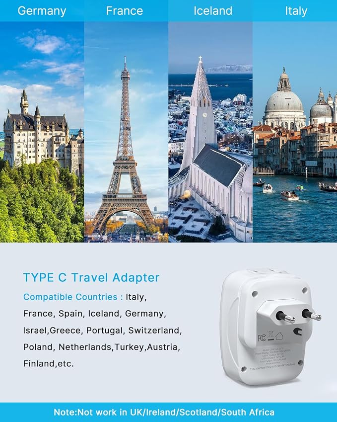 2 Pack European Travel Plug Adapter, VINTAR Foldable International Power Plug with 2 AC Outlets 3 USB Ports(2 USB C), Type C Travel Essentials Charger for US to Most of Europe EU Italy Spain France