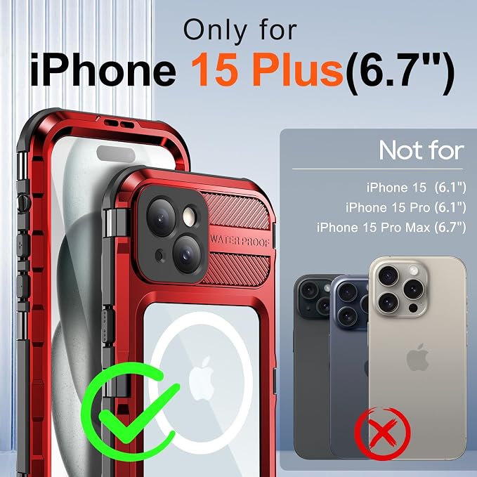 WIFORT for iPhone 15 Plus Waterproof Case - Built-in [Screen Protector][IP68 Water Proof][14FT Military Grade Shockproof], Rugged Metal Full Body Aluminum Protective Drop Protection Cover, 6.7" Red