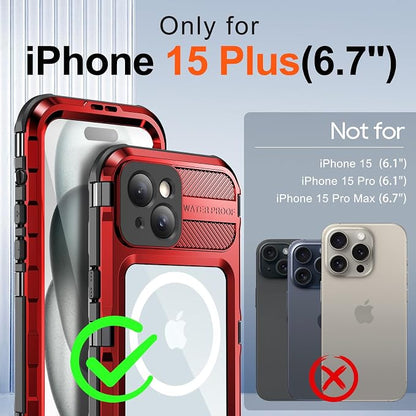 WIFORT for iPhone 15 Plus Waterproof Case - Built-in [Screen Protector][IP68 Water Proof][14FT Military Grade Shockproof], Rugged Metal Full Body Aluminum Protective Drop Protection Cover, 6.7" Red
