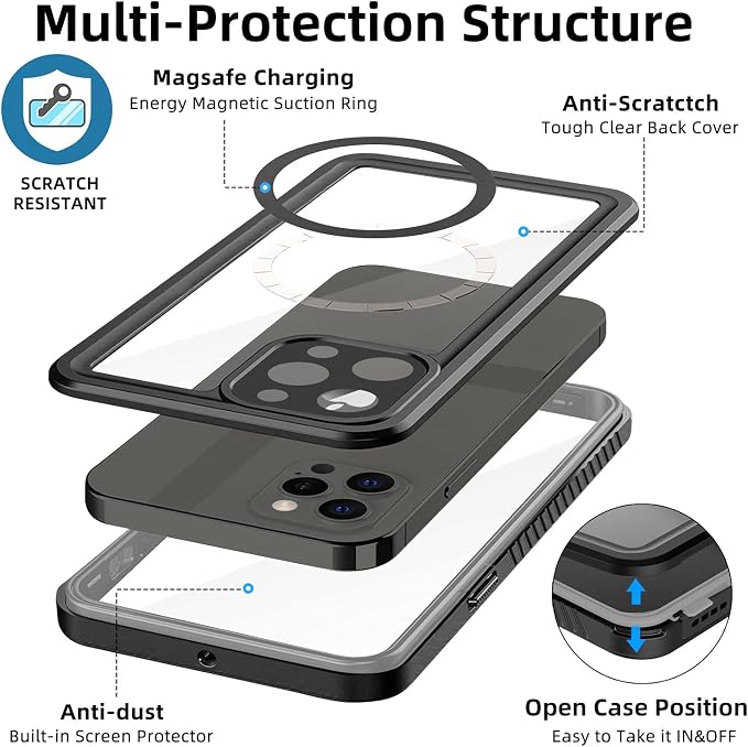 WIFORT Magnetic for iPhone 12 Pro Waterproof Case - [Certified Water Proof & Military Protection] with [Built-in Screen Protector], Full Body Shockproof Phone Case Cover for iPhone 12 Pro 6.1"