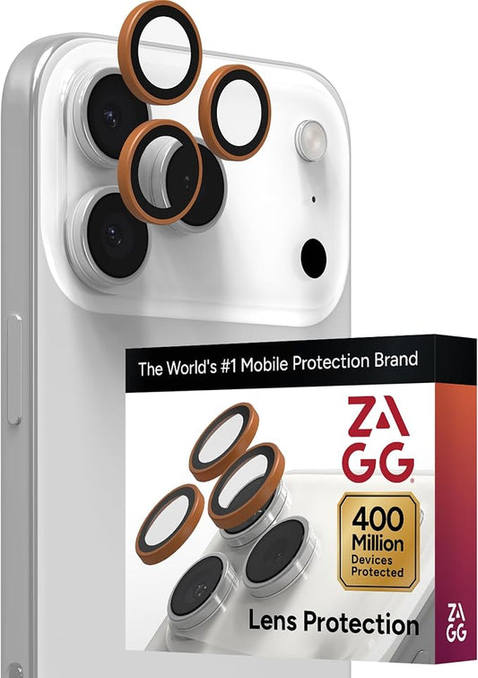 ZAGG iPhone Camera Lens Protector for iPhone 17/16/15 Pro and Pro Max Models - Orange, Camera Ring, Maximum Impact & Scratch Protection, Anti-Reflective Technology, Smudge-Resistant, Glass Elite