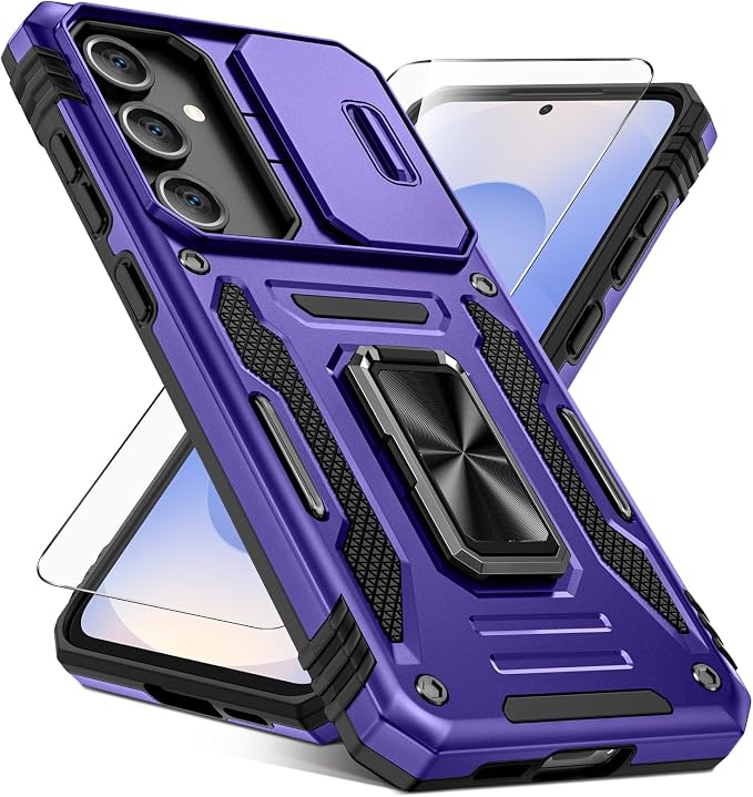 Caka for Samsung Galaxy S25 FE Case [HD Screen Protector] [Full Camera Lens Cover] [360°Rotated Kickstand Ring] [Heavy Duty Protection] Hard Rugged Protective Phone Cover for S25 FE - Purple