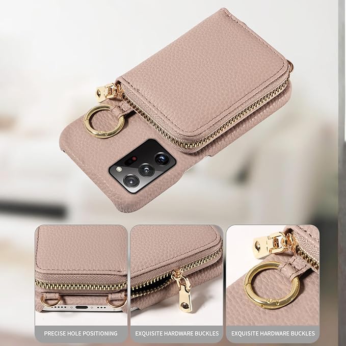 Wallet Case for Samsung Galaxy Note 20 Ultra 5G, Shoulder Strap Ring Buckle, Zipper Flip Organ Purse, Card Holder Phone Cover for Note20 Plus Notes 20Ultra Note20+ U + 20+ Twenty Not S20 Khaki