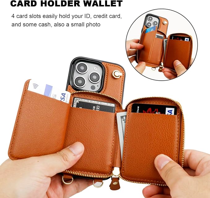 Bocasal for MagSafe Crossbody Wallet Case Compatible with iPhone 16 Pro, RFID Blocking Protective Purse Case with Card Slots Holder Kickstand Wrist Strap Lanyard Zipper 6.3 Inch 5G (Brown)