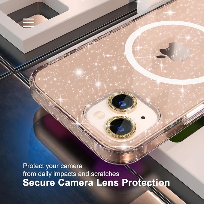 Choiche Magnetic Case for iPhone 14 Plus, Women Clear Glitter Bling Sparkly Case, [2xDiamond Camera Lens Protectors] [2xTempered Glass Screen Protectors] [Compatible MagSafe] (Glitter Gold)