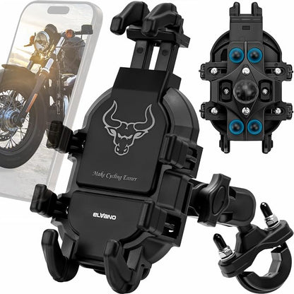ELVANO Motorcycle Phone Mount Holder: Anti-Shake Phone Holder with Vibration Dampener for 4.7-7.2" Smartphone, Heavy Duty Adjustable Cellphone Clip Fits 0.6-1.3" Handlebar for Bike Bicycle Scooter ATV