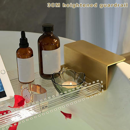 Acrylic Bathtub Caddy Tray, Expandable Bathtub Tray with Gold Handles, Reading Rack Tablet Holder Holds Phone, Books, Candles, Food, Wine and Tablet(70cm/27.5inch, Ripple)