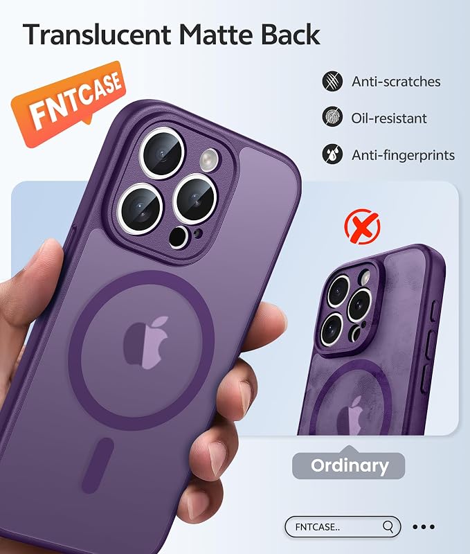 FNTCASE for iPhone 15 Pro Max Case: [Compatible with Magsafe] Translucent Matte Cases with [Full Camera Protection] [Screen Protector] Military Grade Shockproof Protective Phone Cover - Purple