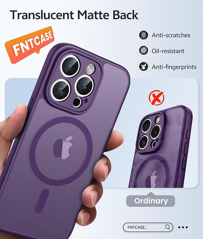 FNTCASE for iPhone 15 Pro Max Case: [Compatible with Magsafe] Translucent Matte Cases with [Full Camera Protection] [Screen Protector] Military Grade Shockproof Protective Phone Cover - Purple