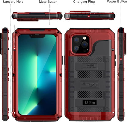 Beasyjoy Waterproof Case for iPhone 13 Pro, Metal Defender Case with Built-in Screen Protector, Military Grade Full Body Rugged Protective Heavy Duty Underwater Phone Case 6.1 Inch, Red